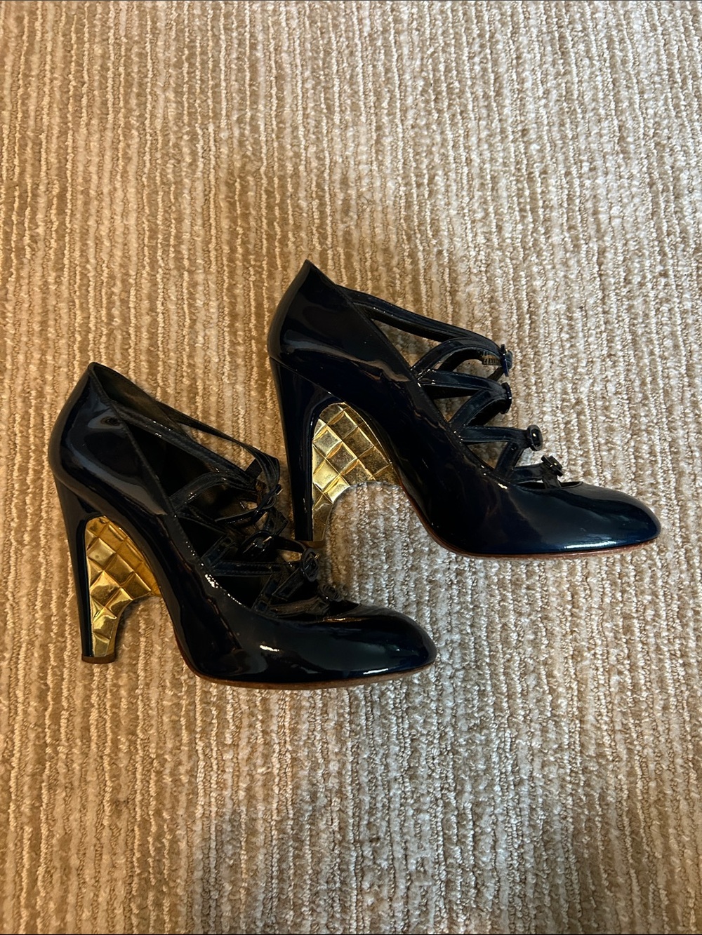CHANEL Navy Patent Gold Quilted Heel, Size 37